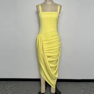 Elegant yellow sleeveless midi dress with stylish asymmetrical draped design for women parties.
