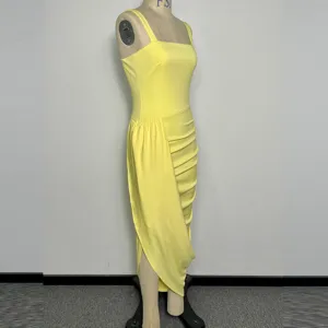 Elegant yellow bodycon midi dress with square neck, sleeveless cut, and side ruched drape.