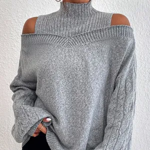 Grey cold shoulder turtleneck sweater for women, casual loose long sleeve knit pullover top.