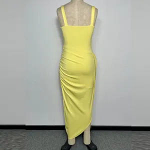 Yellow sleeveless ruched midi dress, elegant slim fit party dress for women spring summer