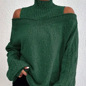 Dark green off-the-shoulder turtleneck knit sweater, loose casual long sleeve pullover top for women