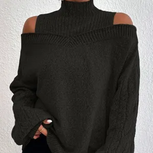 Stylish Women's Cold Shoulder High Neck Knitted Sweater Casual Pullover Winter Top