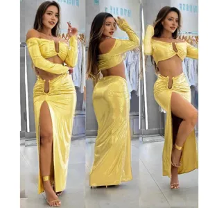 Sexy yellow two-piece outfit with off-shoulder crop top and high slit skirt for women.