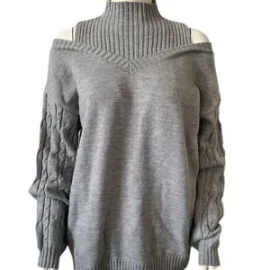 Women Grey Cold Shoulder Turtleneck Cable Knit Sweater Casual Long Sleeve Pullover Tops