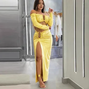 Sexy Off Shoulder Long Sleeve Top And High Split Hip Wrap Skirt Two Piece Set Women Elegant Party Club Co ords