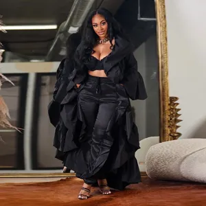 Black ruffle spliced trumpet sleeve long trench coat and pants set for women fashion