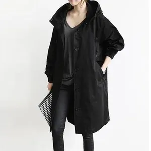 Black hooded mid-length trench coat detail, casual loose long sleeve outerwear for women.