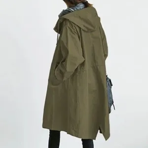 Women's Olive Green Hooded Long Windbreaker Casual Loose Trench Coat Back View Detail