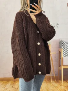 Mujer retro grueso cuello V manga larga cárdigan abotonado jersey casual tejido abrigo detalle
