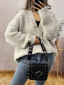 Mujer casual oversized cárdigan de punto acanalado cuello V abrigo de suéter