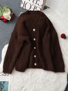 Cárdigan de punto grueso retro con cuello en V manga larga abrigo suéter mujer