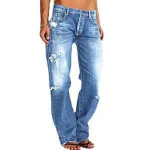 Women's washed ripped denim flare jeans, slim fit casual long trousers for daily wear.