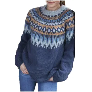 Women's Nordic fair isle pattern round neck long sleeve casual knit pullover sweater