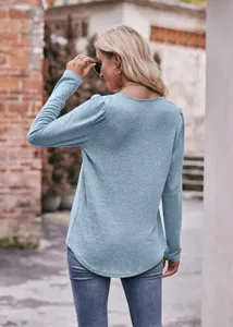Casual solid color long sleeve square neck puff sleeve t-shirt for women, stylish everyday wear.