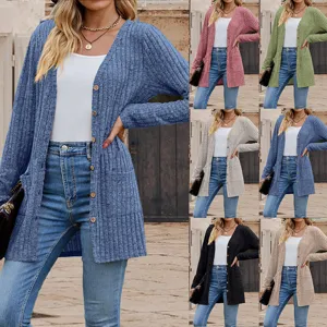 Women casual V-neck long sleeve knitted cardigan sweater with pockets and front buttons.