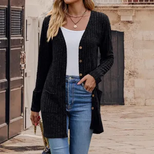 Women's Black Ribbed Knit Cardigan V-Neck Long Sleeve Pocket Casual Outerwear Detail