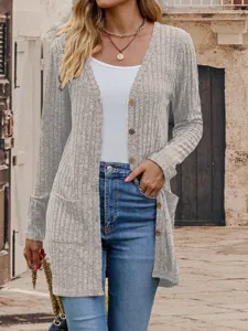 Women casual grey V-neck long sleeve button-down knitted cardigan with pockets detail view