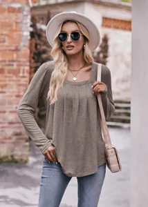 Casual square neck long sleeve pleated top for women, stylish solid color puff sleeve shirt.