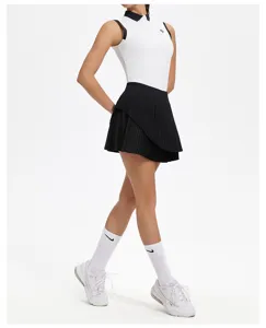 Pleated tennis skirt detail featuring fake two-piece design, quick-dry fabric for sports.