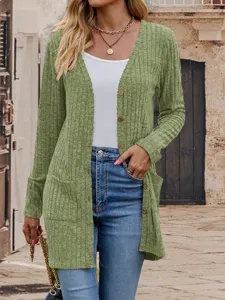 Green ribbed knit cardigan detail, V-neck, long sleeves with pockets, casual daily wear style.