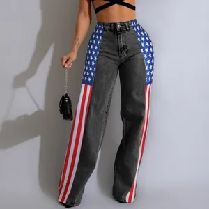 Detail view of American flag patchwork wide-leg jeans, high waist black denim street style.