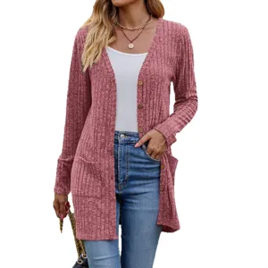 Women's V-neck long sleeve ribbed knit cardigan sweater with pockets casual outerwear.