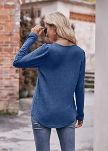 Women solid color long sleeve square neck puff sleeve casual t-shirt blue top fashion chic