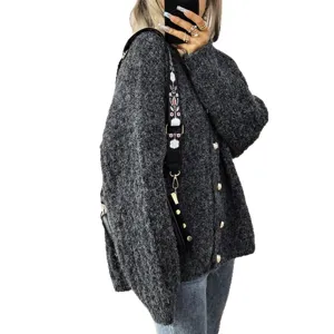 Mujer retro grueso cuello en V manga larga cardigan botonadura simple jersey vista principal