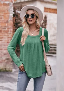 Close-up detail of women's long sleeve square neck pleated casual top in solid green.