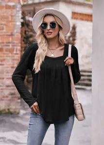 Fashion solid color long sleeve square neck pleated t-shirt top for women casual detail