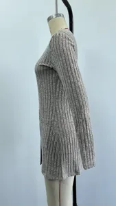 Grey ribbed knit cardigan coat with front pocket, long sleeve V-neck casual slim fit style.