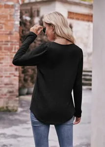 Stylish black long sleeve square neck casual top for women with chic puff sleeves.