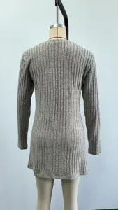 Back view of a grey ribbed long sleeve knit cardigan, slim fit style detail display.