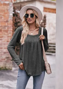 Stylish dark grey long sleeve square neck pleated casual top for women daily wear chic.