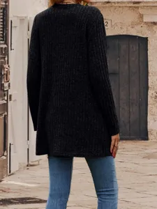 Women's casual long sleeve ribbed knit cardigan coat, solid black open front casual outerwear.