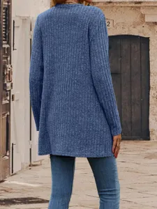Women casual long sleeve ribbed knit cardigan open front outerwear street fashion solid blue top