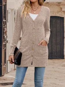 Women casual V-neck long sleeve button ribbed knit cardigan sweater with pockets.