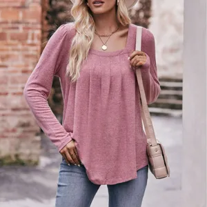 Women's Casual Long Sleeve Bubble Sleeve Square Neck Pleated Solid Color T-Shirt Fashion Basic Pullover Top