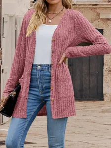 Women casual v-neck long sleeve pocket slim knit cardigan jacket for daily wear and street style