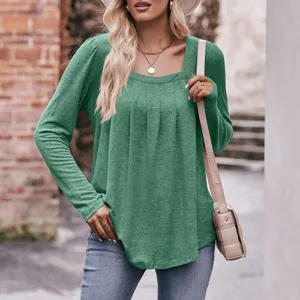 Women casual solid color long sleeve square neck pleated t-shirt top fashion apparel
