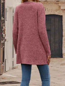 Women's long sleeve ribbed knit cardigan jacket back view showcasing texture and casual style.