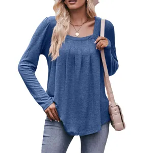 Women solid color long sleeve square neck pleated casual top fashion blouse for daily wear