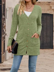 Women v neck long sleeve ribbed knit cardigan sweater with pockets casual outerwear