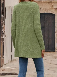 Women's green ribbed knit long sleeve cardigan casual open front sweater streetwear style.