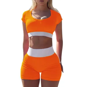 Damen zweiteiler yoga set orange crop top high waist shorts sport fitness activewear outfit