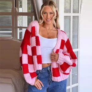 Cardigan Pull Ample Décontracté à Carreaux Bloc de Couleur pour Femmes Col V Manches Longues Ouvert Devant Vêtement d'Extérieur