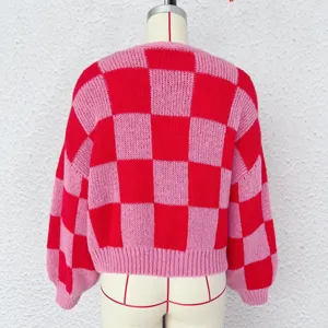 Gilet pull en maille epaisse rose et rouge carreaux decontracte ample automne hiver femme