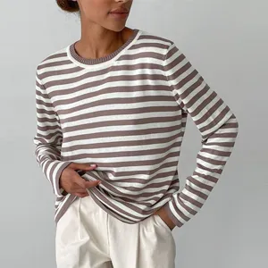 Detailed close-up view of the brown white striped long sleeve knit sweater texture.