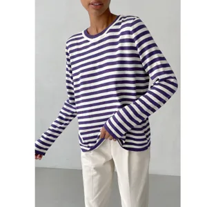 Detail view of women's purple and white striped knit long sleeve top, casual sweater.