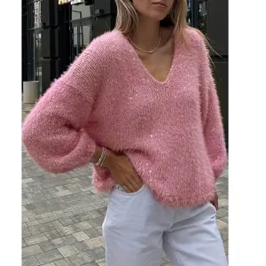 Suéter de punto esponjoso rosa con cuello en V y lentejuelas, manga larga elegante para mujer.